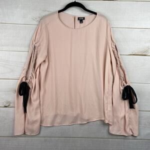 ANA A New Approach Top Womens L Pink Black Tie Slit Sleeve Lined Keyhole Back